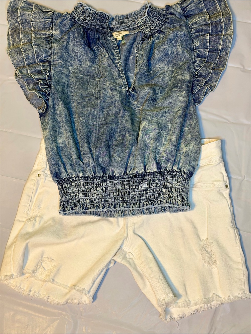 entro Blue Washed Denim Smocked Top